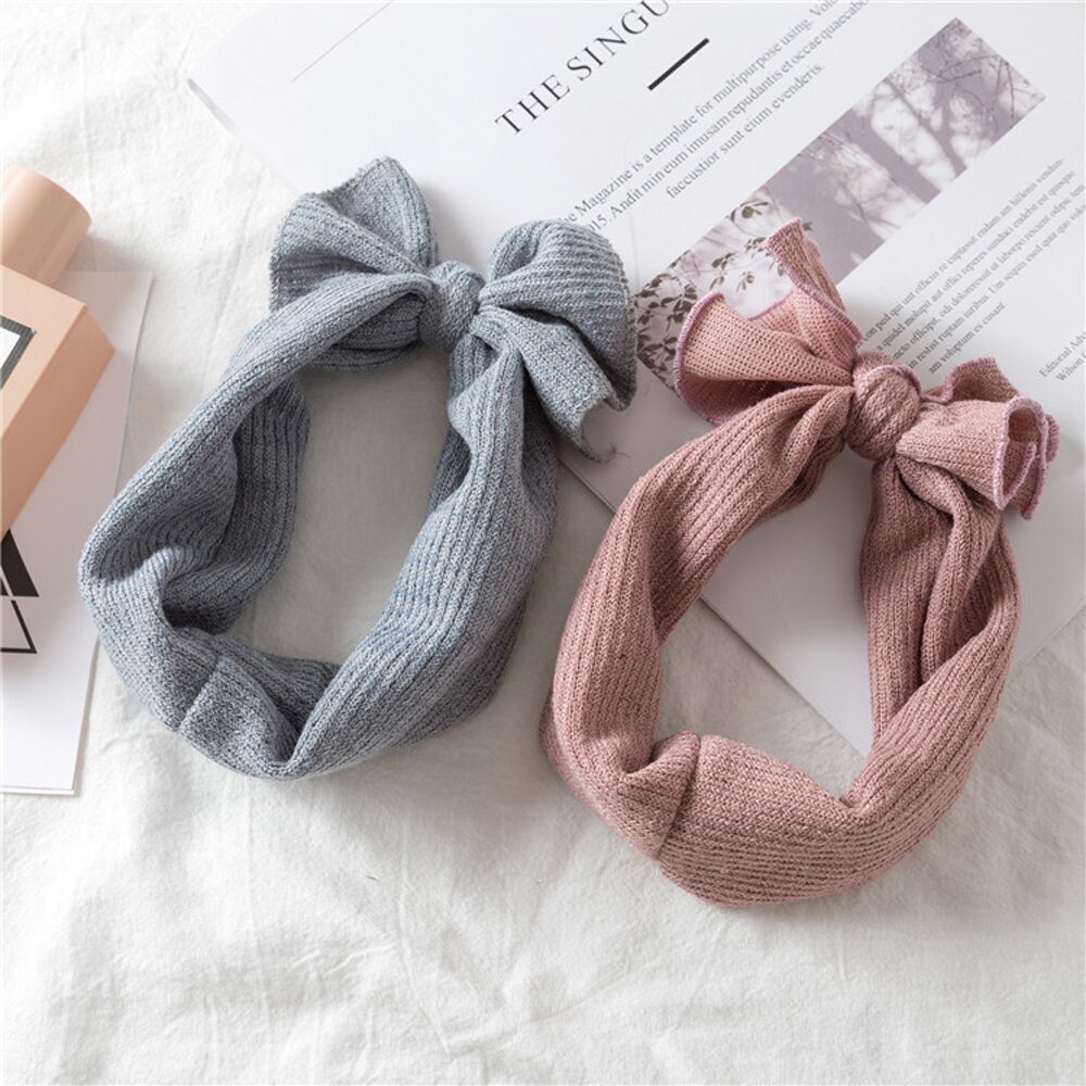 1 Pcs Sweet Baby Bow Knitted Headband Wide Soft Solid Color Crochet Headwrap Elastic Hairband Tiara Winter