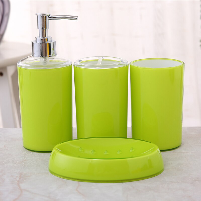 4 stk / sæt badeværelse tilbehør dragt plast sæbe dispenser kop tandbørste holder sæbeskål sæt: Grøn 4 stk