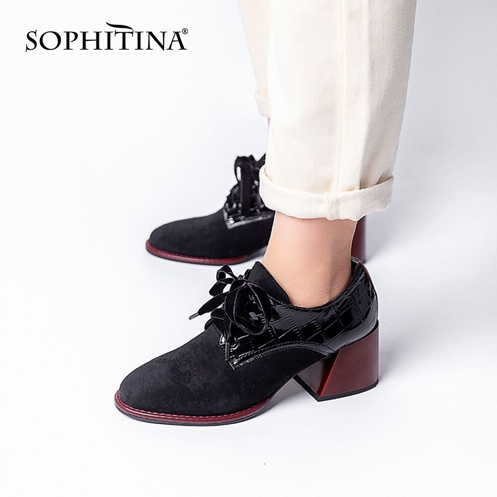 Sophitina kortfattet damepumps spring rund tå tykke hæle kontor karriere pumps snøre sorte sko kvinder  by241