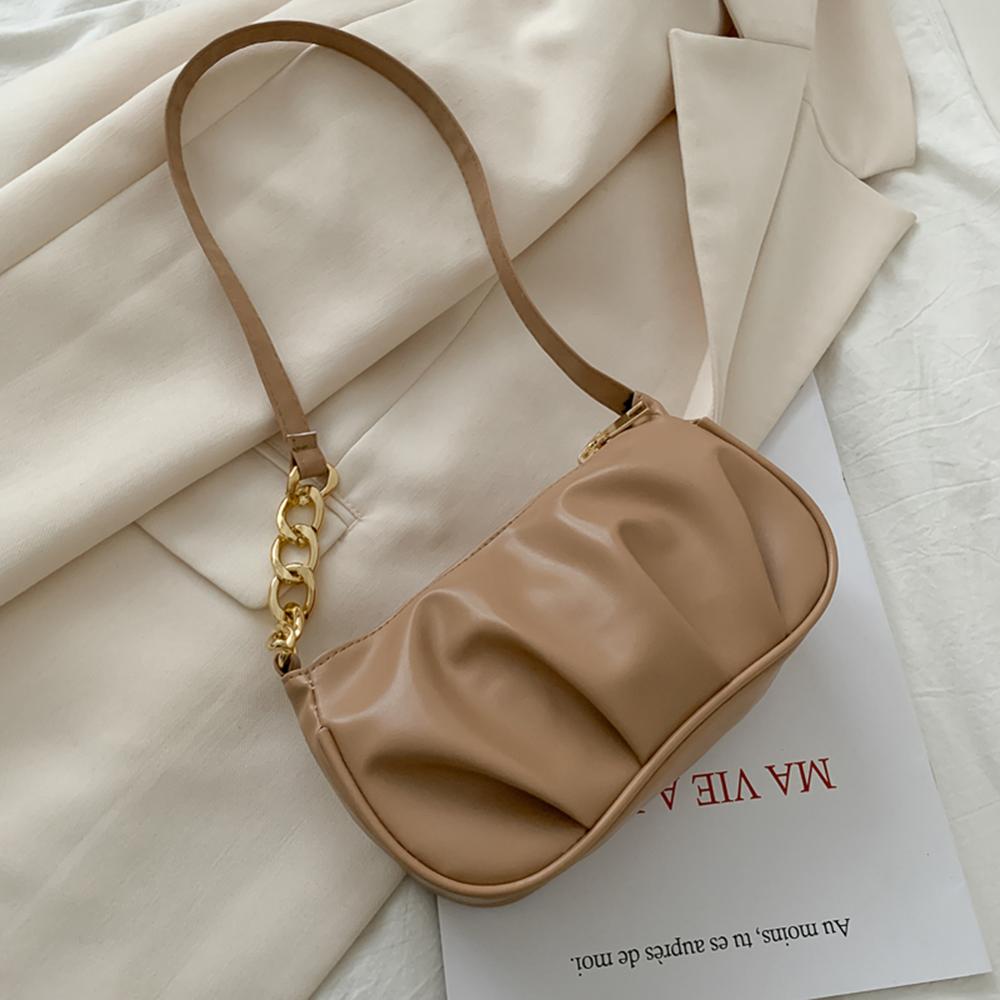 Bolso de mano con cadena plisada a la , bolso de mano portátil para mujer, de cuero PU, Color sólido, debajo del brazo, bolsos de hombro, bolsos de viaje para mujer