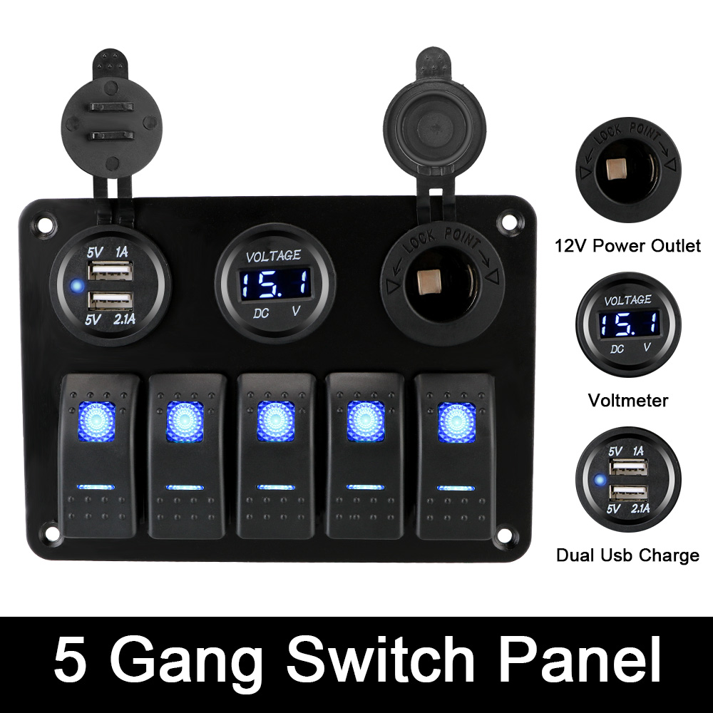 Digital spenning dobbel usb-spor stikkontakt vanntett 5- gangs led vippebryterpanel 12/24v uttak kombinasjon med sikring
