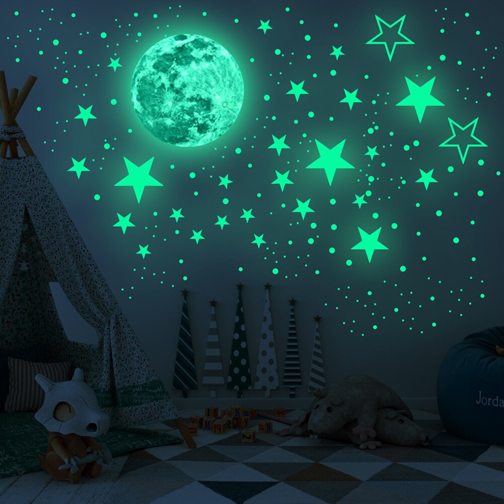 435 pz/set adesivo murale luminoso luna stelle puntini verde camera dei bambini soffitto scale decorazione adesivi murali fluorescenti 30cm: Green Light