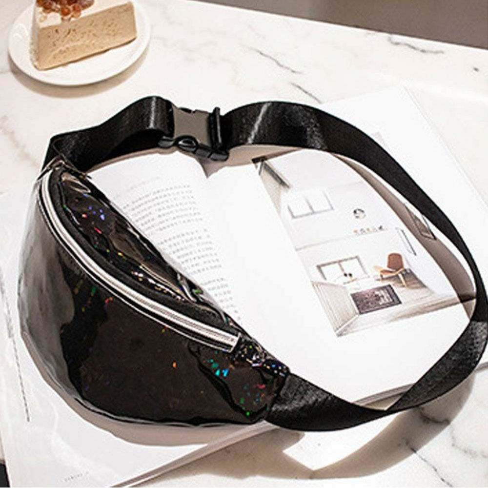 Women Reversible Sequin Glitter Waist Fanny Pack Belt Bum Bag Pouch Hip Purse Messenger Bag Travel Wallet: Black