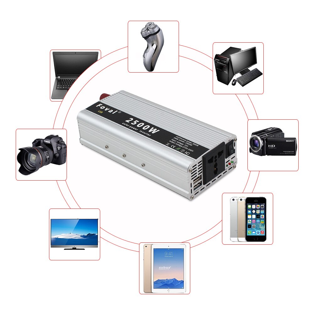 Onduleur de puissance de crête 2500W 12V à 220V pour voiture solaire, onduleur automatique à onde sinusoïdale modifiée, double port usb et prise allume-cigare