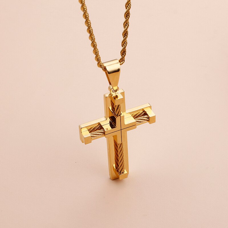 Gull rustfritt stål wire kjede stor biker cross crucifix anheng halskjede tau kjede menn & #39 ;s kvinner punk 4mm 22 tommer