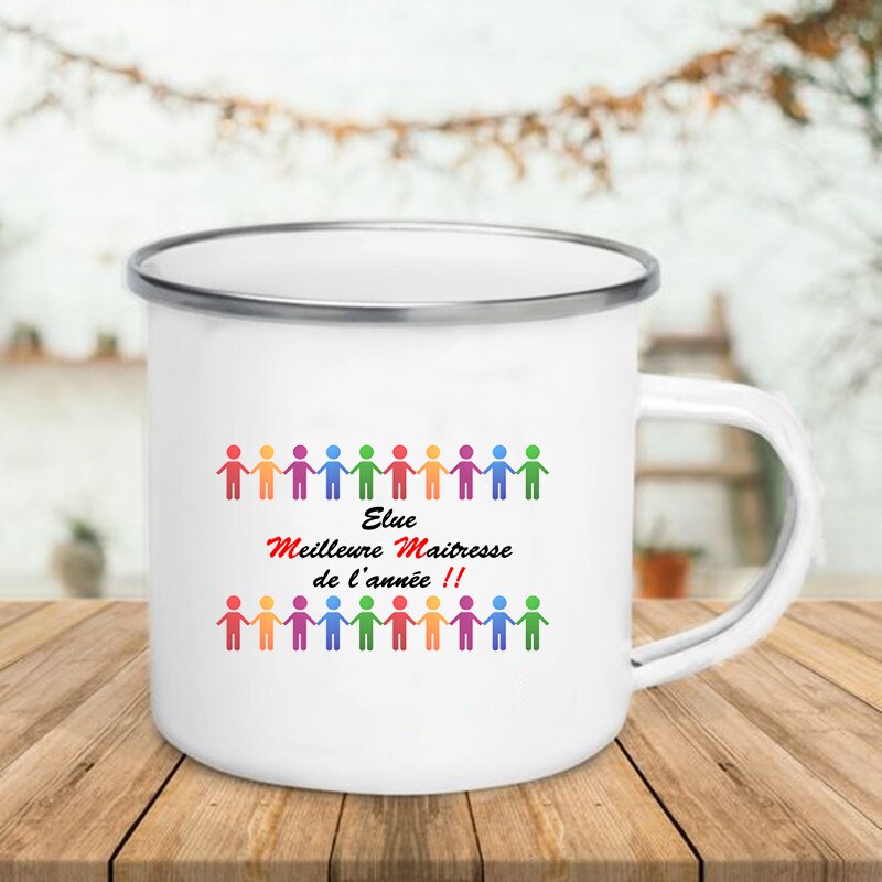 Taza de esmalte con estampado francés, tazas creativas de café, té, bebidas, postre, desayuno, leche, ASA, vasos, los mejores para profesores: XH3773-A015WH-8