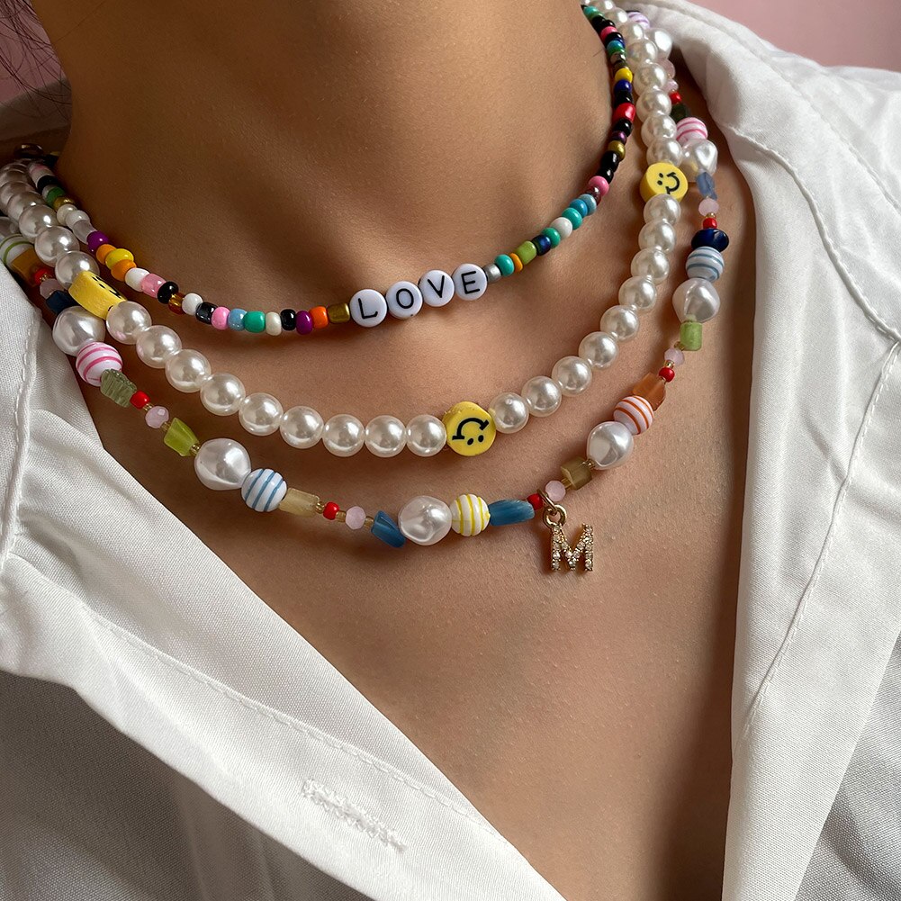 Collier perlé coloré Smiley pour femmes, fait à la main, style Baroque, perles de bonbons, ras du cou, bijoux de pour filles