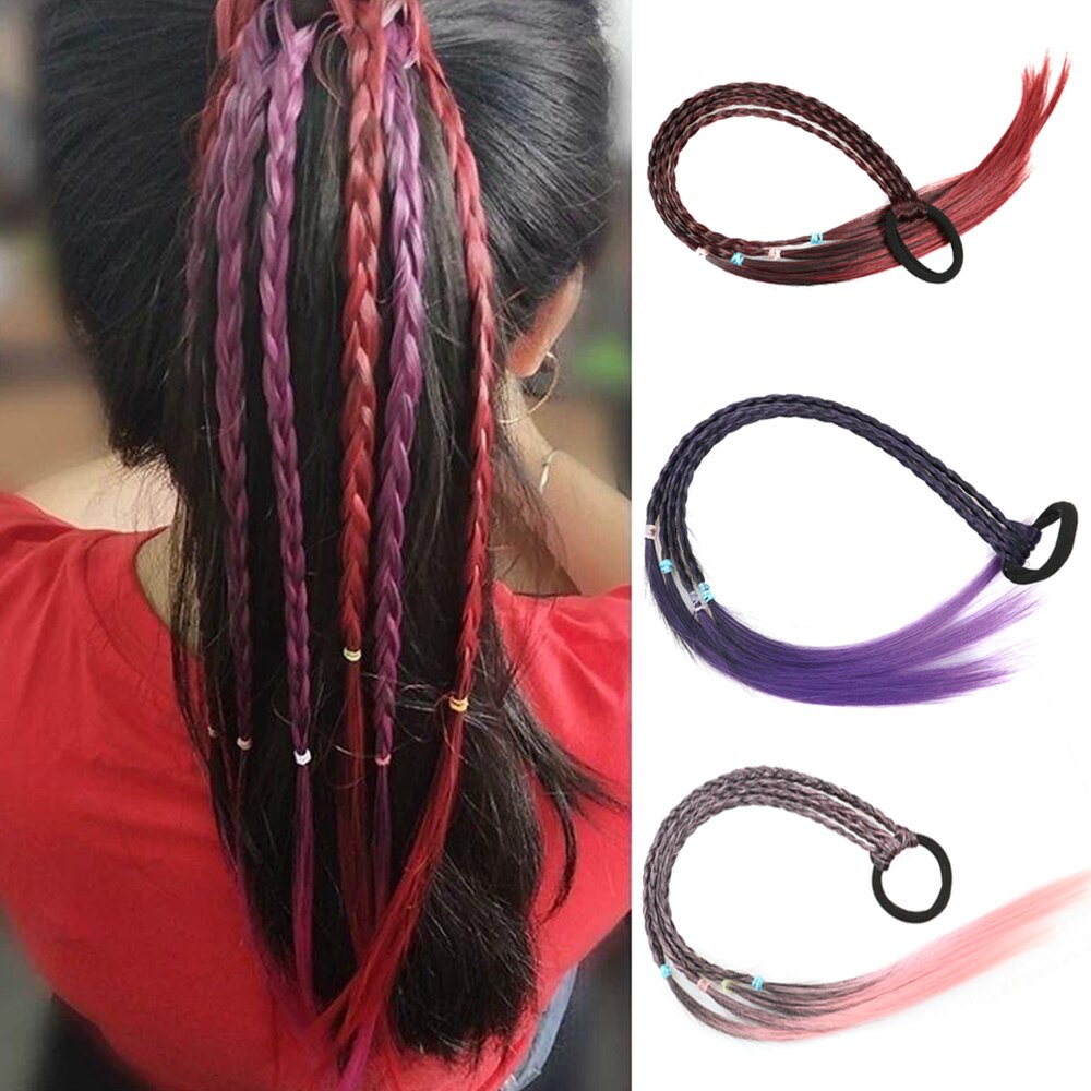 Rubber Bands With Pigtails Rainbow Color Overhead Tail Kanekalon Box Braids Ponytail Hair Extensions With Elastic Band For Girls