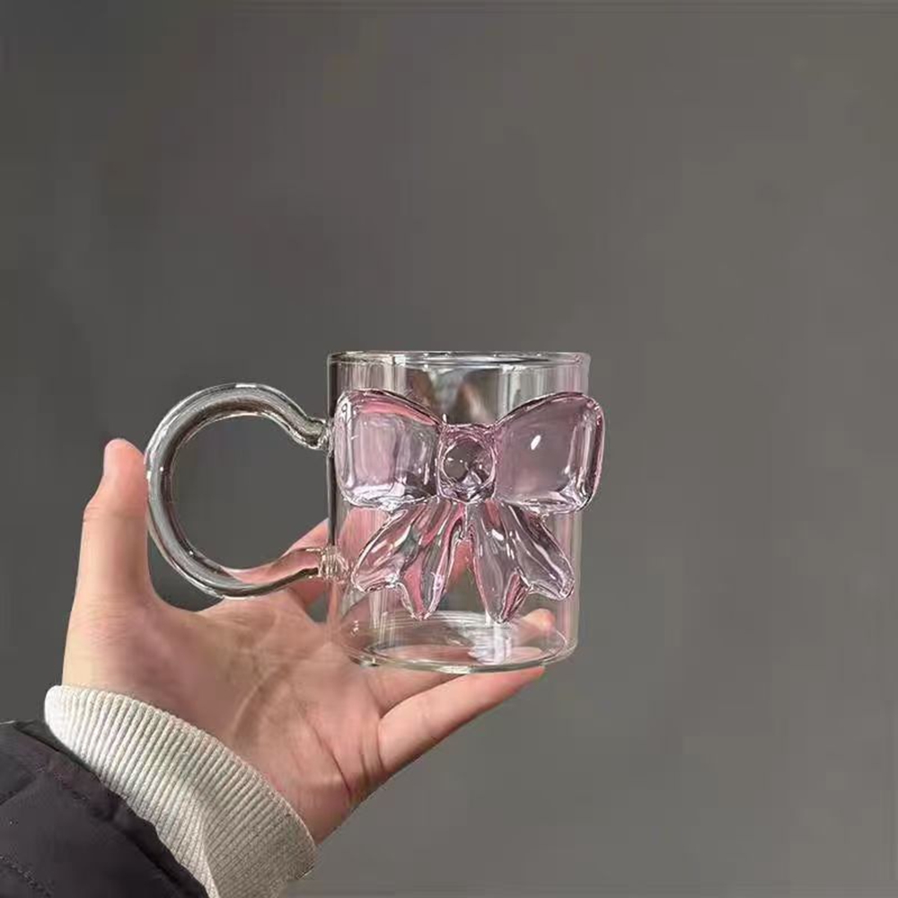 Verre à grand nœud rose, tasse en verre, poignée à nœud, lunettes résistantes à la chaleur, bol de crème glacée à Dessert à haute teneur en Borosilicate, de fête: Black