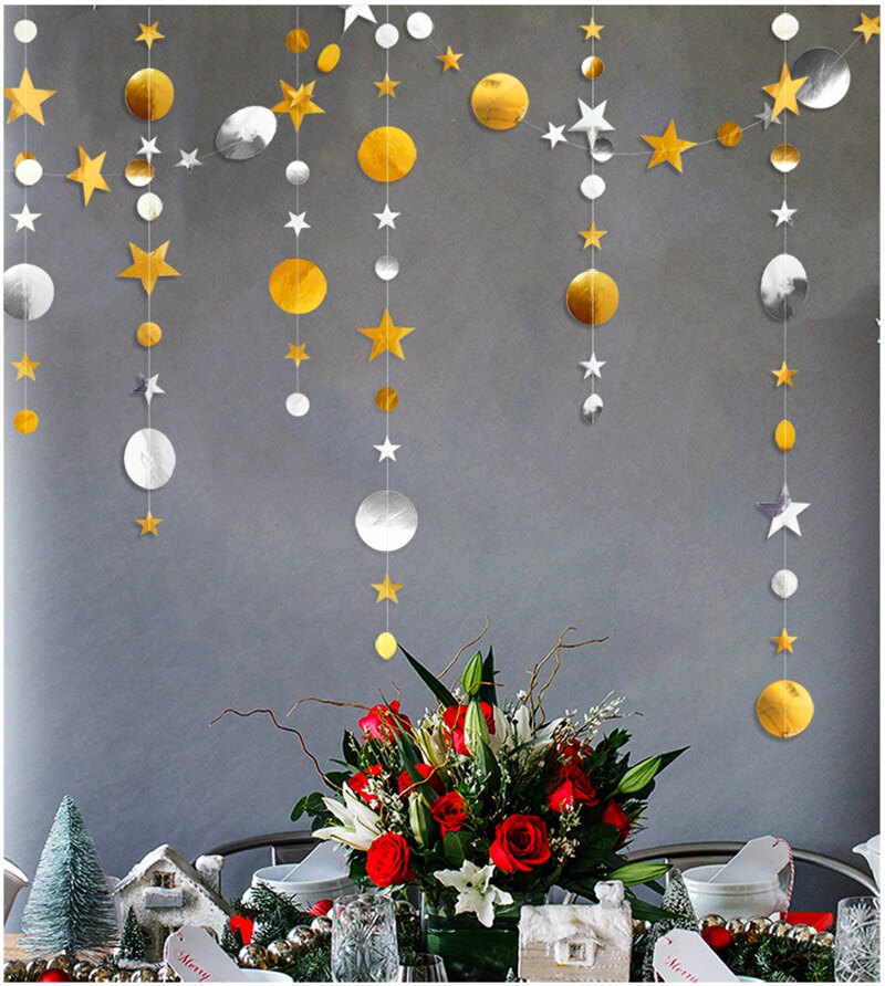 4M Rose Goud Spiegel Papier Banner Star Ronde Vorm Guirlande Banner Verjaardag Wedding Party Baby Shower Chrismas Decoratie Benodigdheden: gold and silver