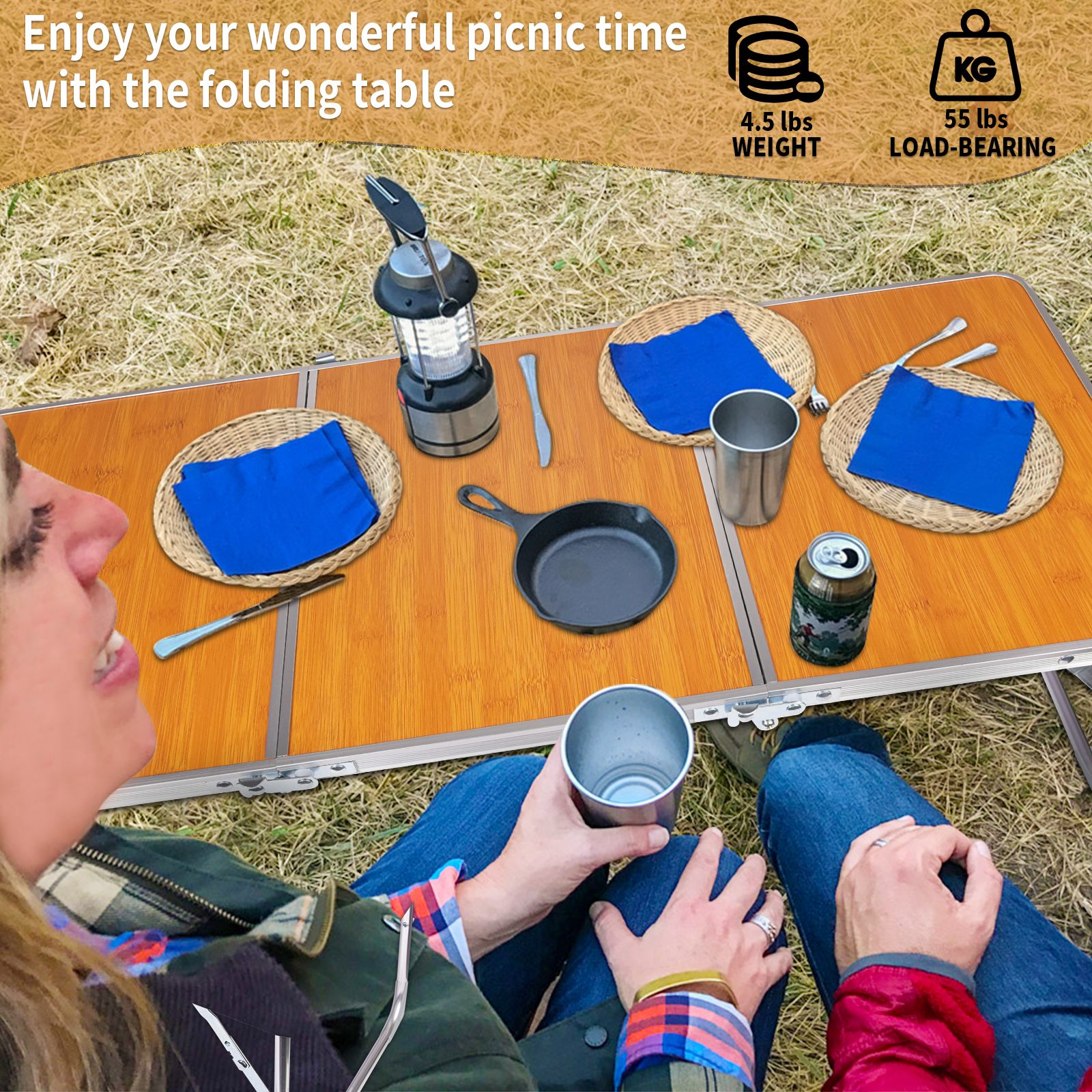 Folding Camping Table,Portable Picnic Table with Aluminum Legs,3 Fold Lightweight Sturdy Bed Table with Carry