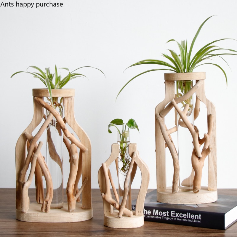 Jarrón de madera puro hecho a mano decorado maceta de madera para flores sólidas para vidrio contenedor hidropónico Floral florero decorativo casero