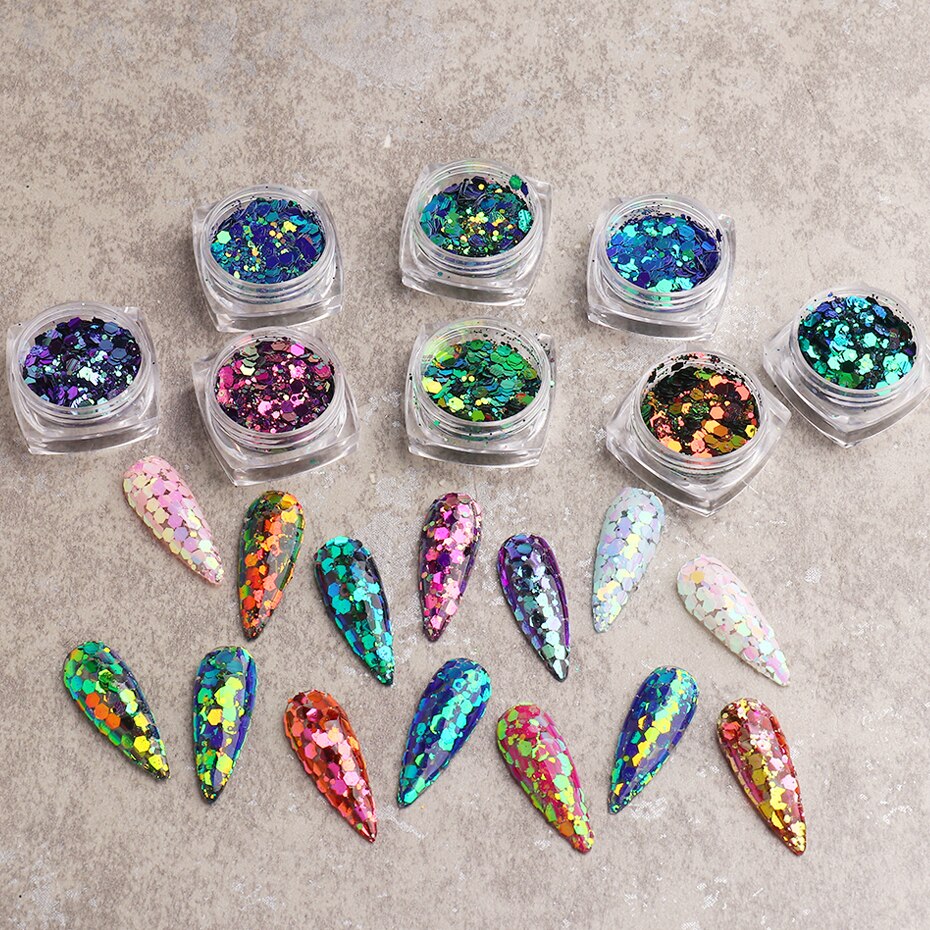 1 caja de Paillettes de uñas camaleón 3D, lentejuelas brillantes de sirena, lagarto, lentejuelas brillantes, arte de uñas hexagonales, decoraciones para manicura BE1904