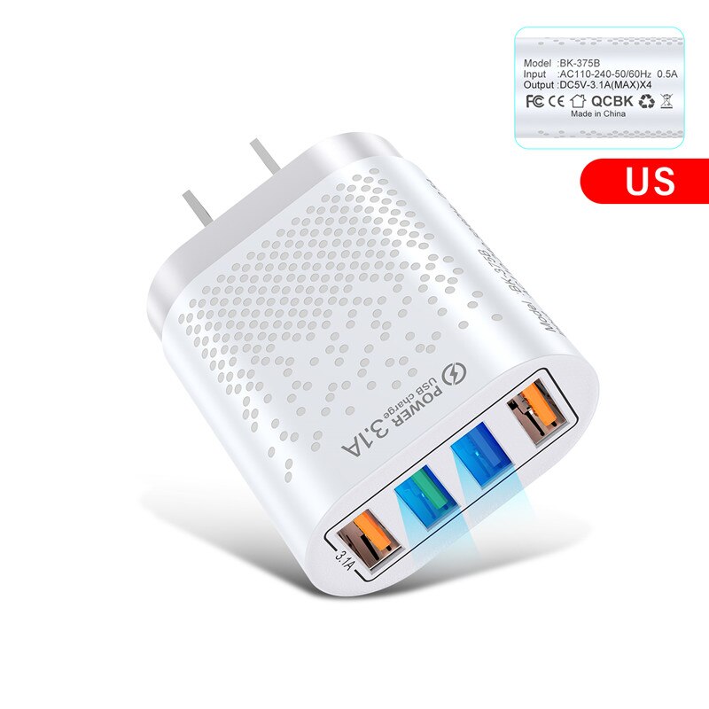 USLION 48W ładowarka USB szybkie ładowanie QC 3.0 ściana ładowanie dla iPhone 12 11 Samsung Xiaomi Mobile 4 porty ue usa wtyczka Adapter podróży: White US