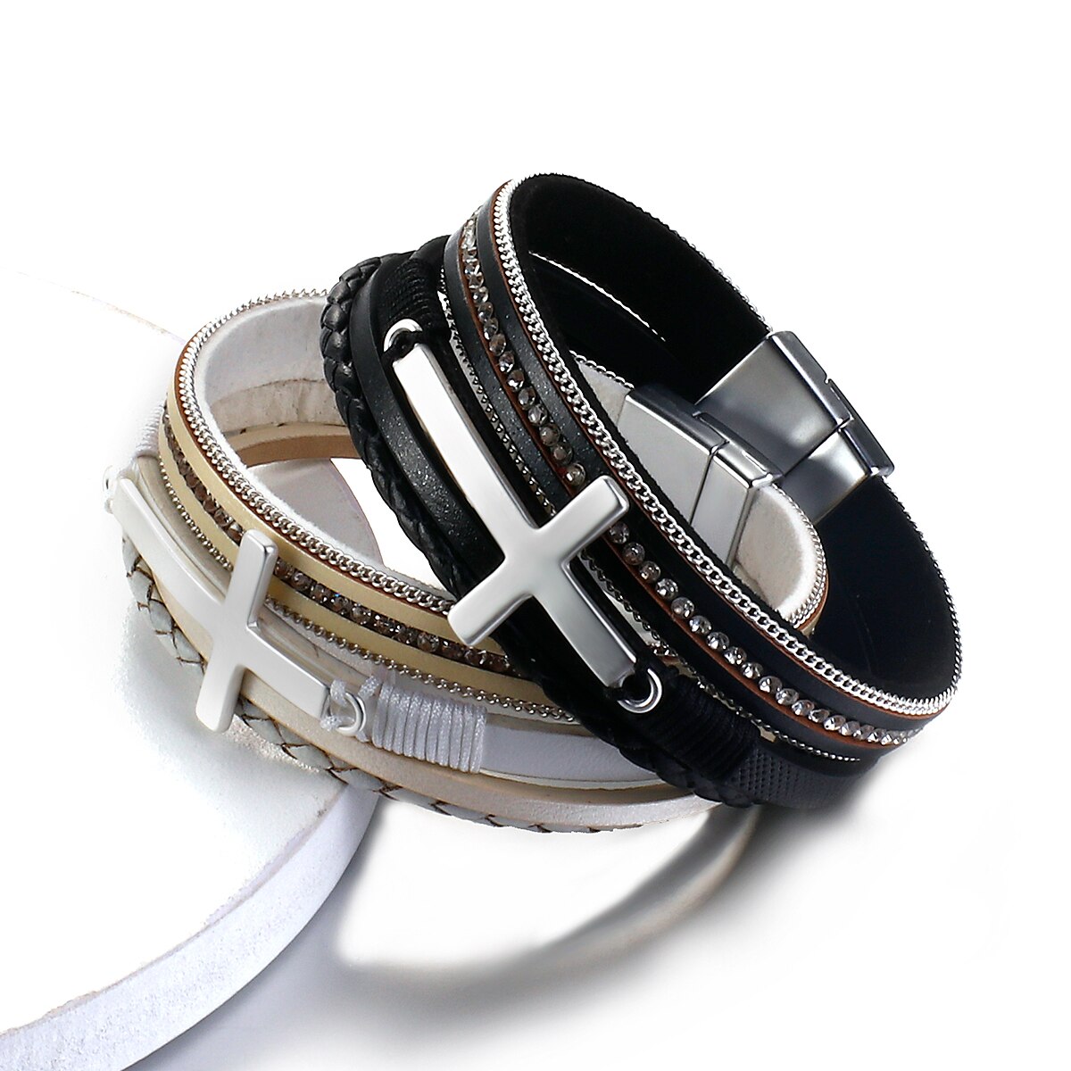 Amorcome Multilayer Cross Charm Leather Bracelets for Women Vintage Rhinestones Warp Bracelet Bangle Jewelry