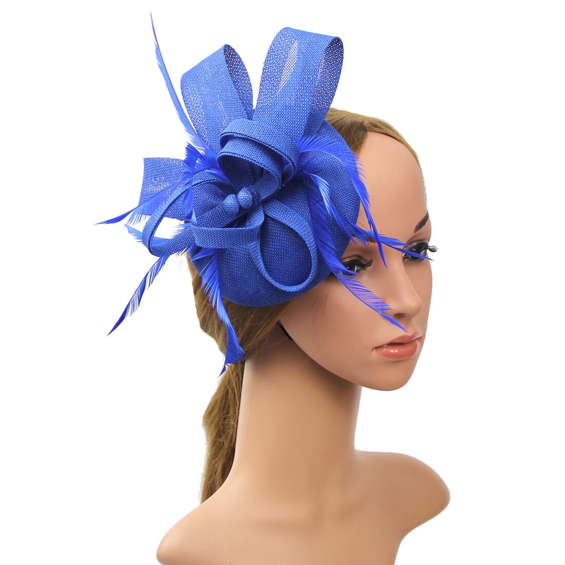 fascinante Clip de pelo diadema sombrero redondo velo de plumas boda Clip de pelo malla cóctel boda sombrero: Azul