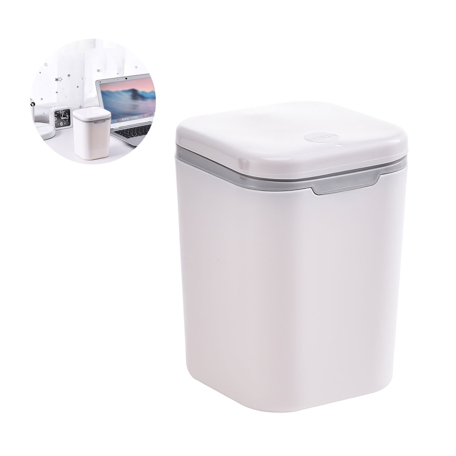 Mini Desk Trash Can White Desktop Trash Can Removable Portable Trash Bin with A Button in the Lid for Bedroom Kitchen Desk