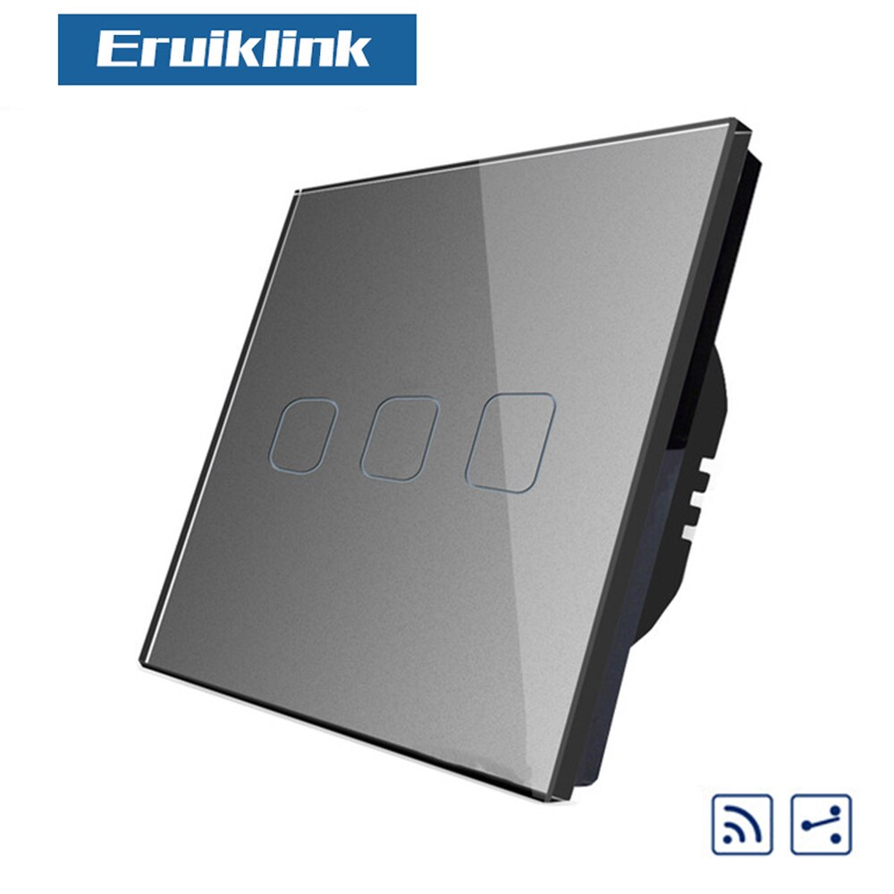 EU Standard 1/2/3 Gang 2 Way Touch RF433 Remote Switch, Crystal Glass Panel Touch Wall Light Switch, AC110V-250V: 3 Gang 2 Way Gray