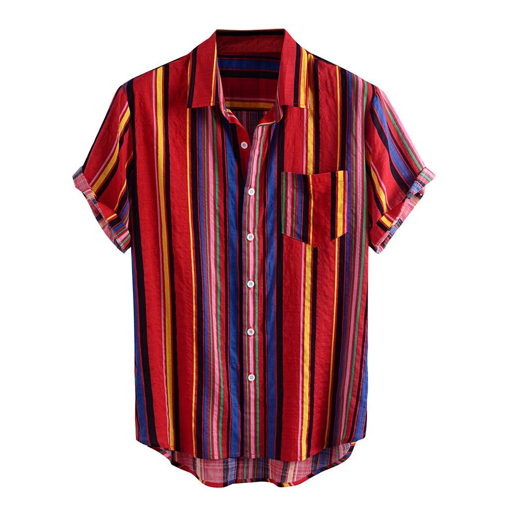 Rayure impression été chemises Streetwear grande taille Style ethnique hommes Blouse hawaïenne décontracté hommes chemise homme: Rouge / L