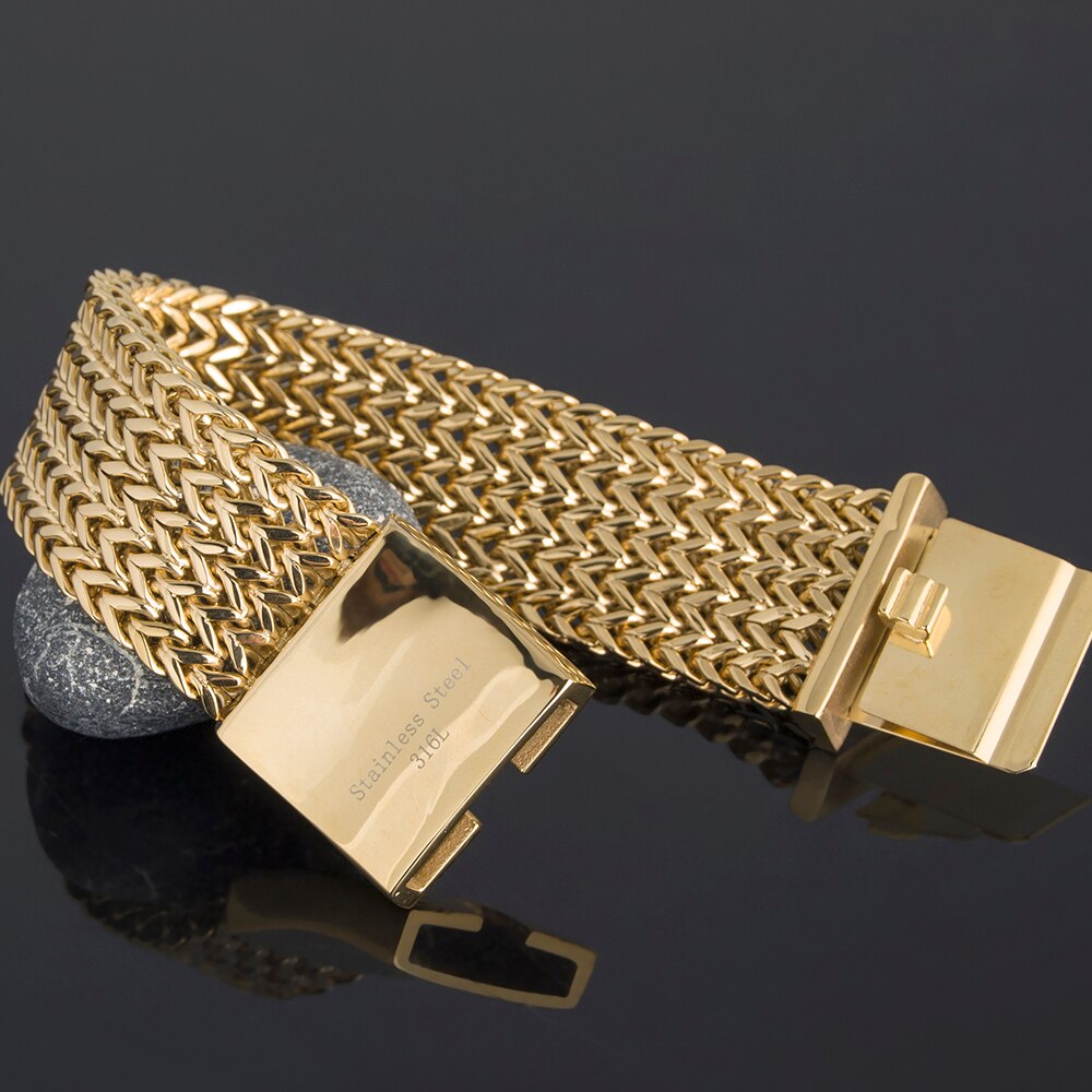 Luxe Golden 30 Mm Brede Armband Mannen Vriendschap Heren Armbanden Armbanden Metalen Hiphop Rvs Sieraden Op Hand Dikke Ketting