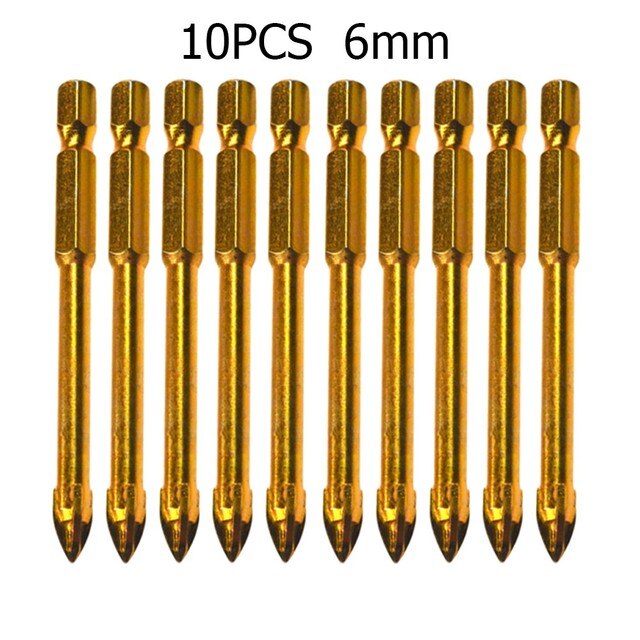 5/10pcs 6mm Hex Shank Golden Cross Bits Titanium Coated Ceramic Tile Marble Glass Drill Bits Spear Head For Metalworking: 10pcs