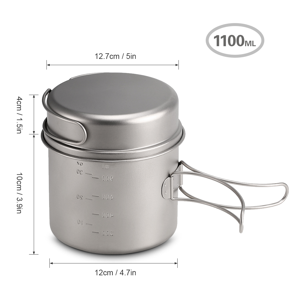 1100ml / 1600ml titanium pot pan sæt vand kop krus titanium cup hang pot super letvægts camping køkkengrej sæt foldehåndtag: 1100ml
