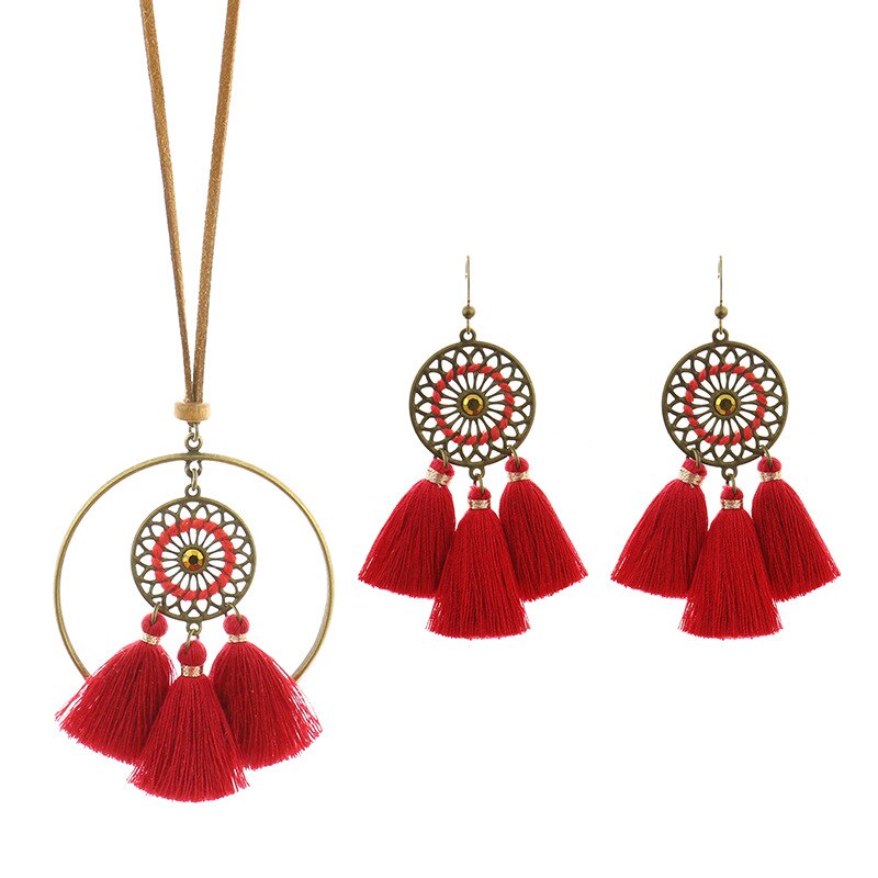 3 -delad tofs örhängen halsband set bohemisk etnisk stil handgjorda rep urholkade örhängen långt halsband set: B2185-4