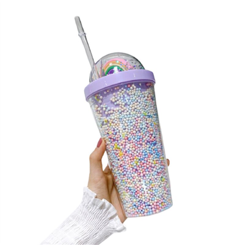 Straw Cup Double Layer Eco-Friendly Plastic Drinkware Ins Girl Water Cup Anti-fall Milk Coffee Cups For Home Office J170