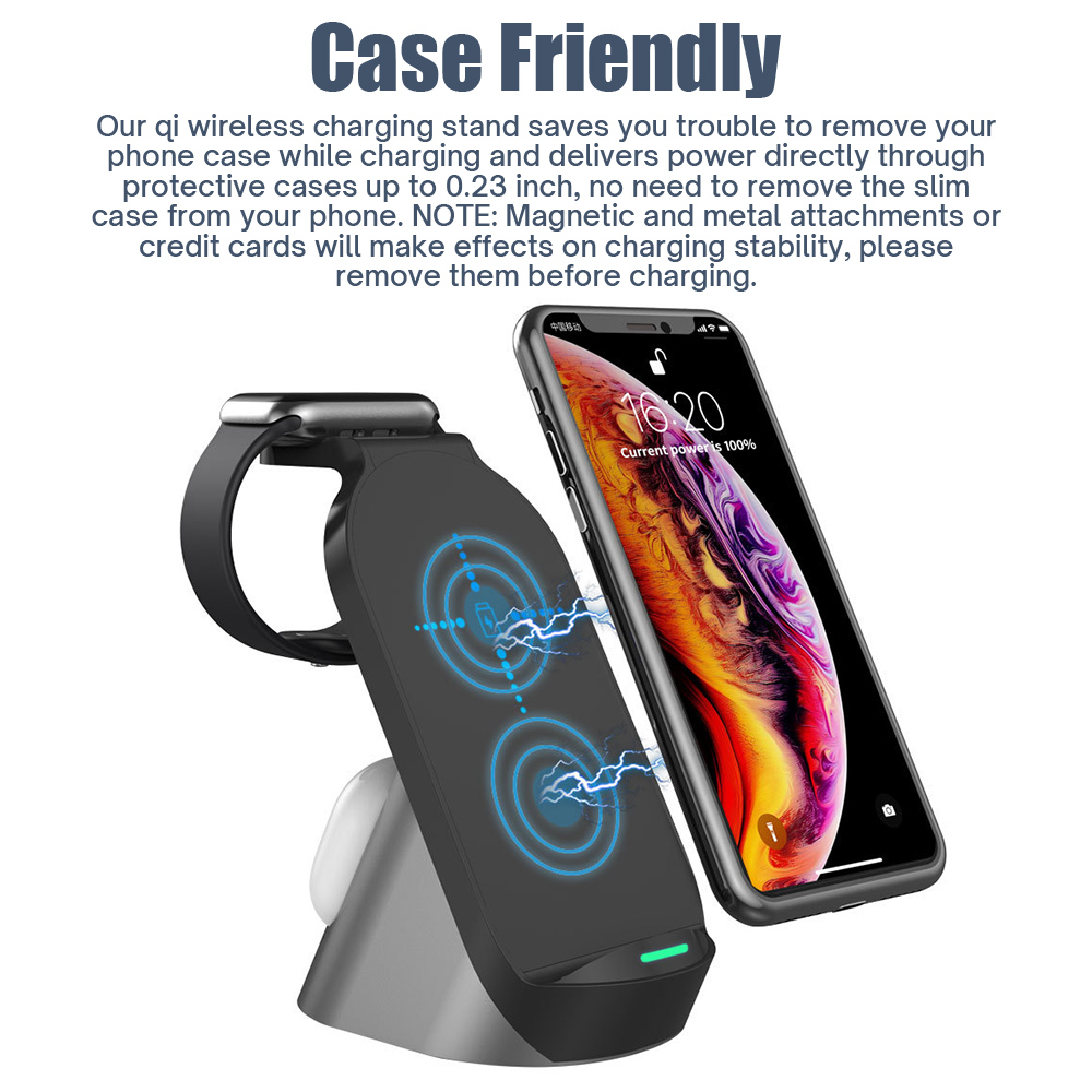 3 in 1 15w Qi Quick Wireless Charger Stand Dock For Apple Watch AirPods iPhone Samsung Xiaomi Phone Fast Induction Charging