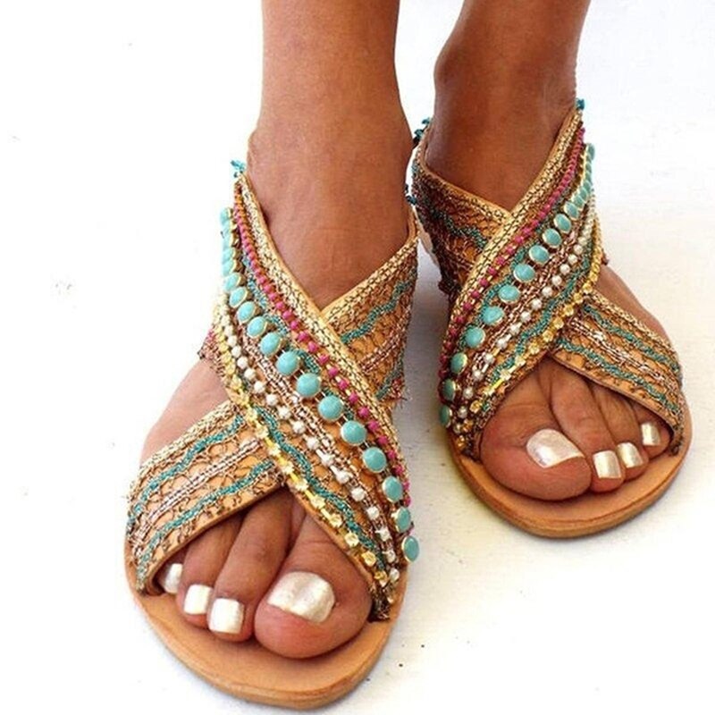 Sandálias femininas de verão com alça cruzada com miçangas sandálias planas estilo étnico estrangeiro boêmio sapatos de praia feminino sandalias sapatos mais tamanho: 40