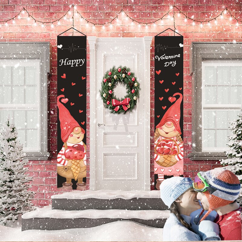 2PCS Door Porch Sign Valentines Day Decorations Pink Banners Hanging Love Heart Streamers Wall Decor Party Supply Valentines Day