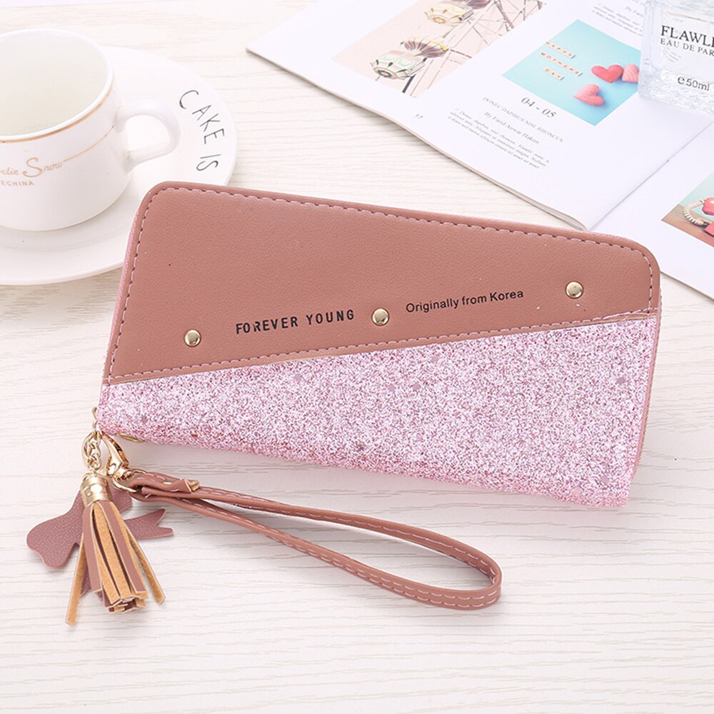 Lovertjes Patchwork Glitter Wallet Voor Vrouwen Lange Pu Lederen Portemonnee Clutch Vrouwelijke Grote Capcity Portefeuilles: Dark pink