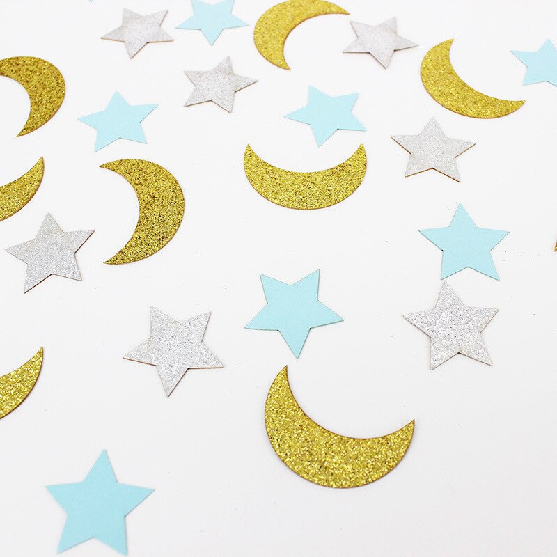 Confeti de papel con forma de luna y estrella para decoración de mesa, suministros de de cumpleaños y boda, con brillo, 100 piezas: gold silver blue