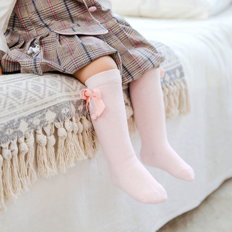 Efterår vinter varm baby sokker søde bowknot børn børn pige knæhøje sokker ensfarvet blød bomuld spædbarn toddler lange sokker