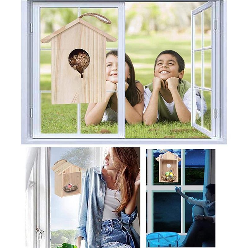 Birdhouse Bird Feeder Wooden Hanging Nest Box Natural Wood Bird Feeding House Outdoor Window Cage with Suction Cups