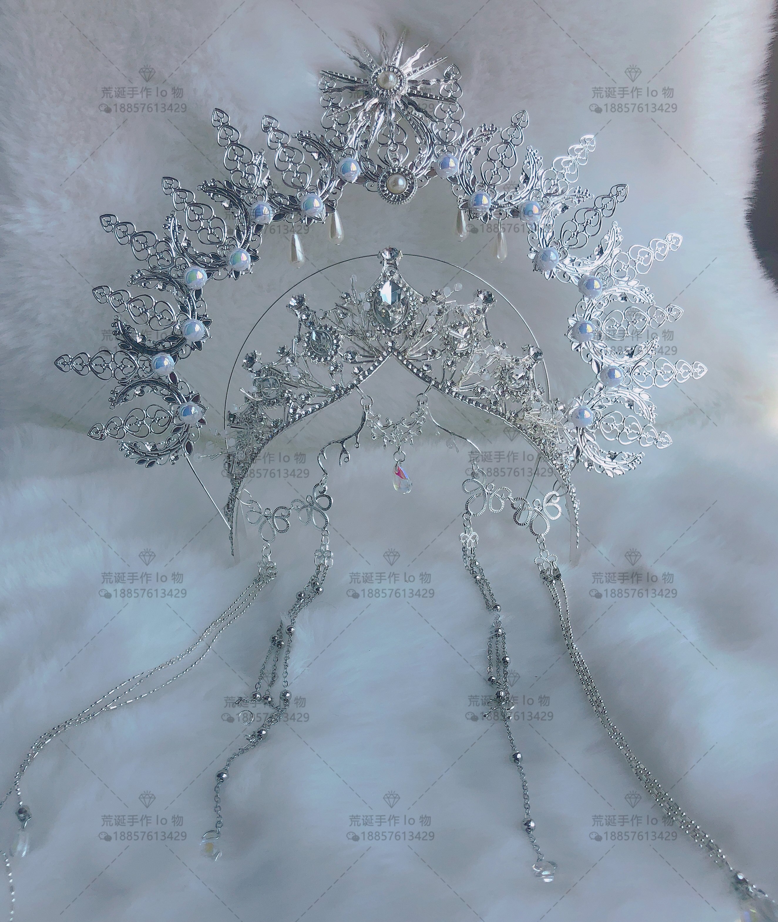 Lolita – coiffure ange Madonna Halo, diadème avec ouverture en argent, couronne, bandeau, perle, chaîne de cheveux, cerceau, ornements de cheveux faits à la main