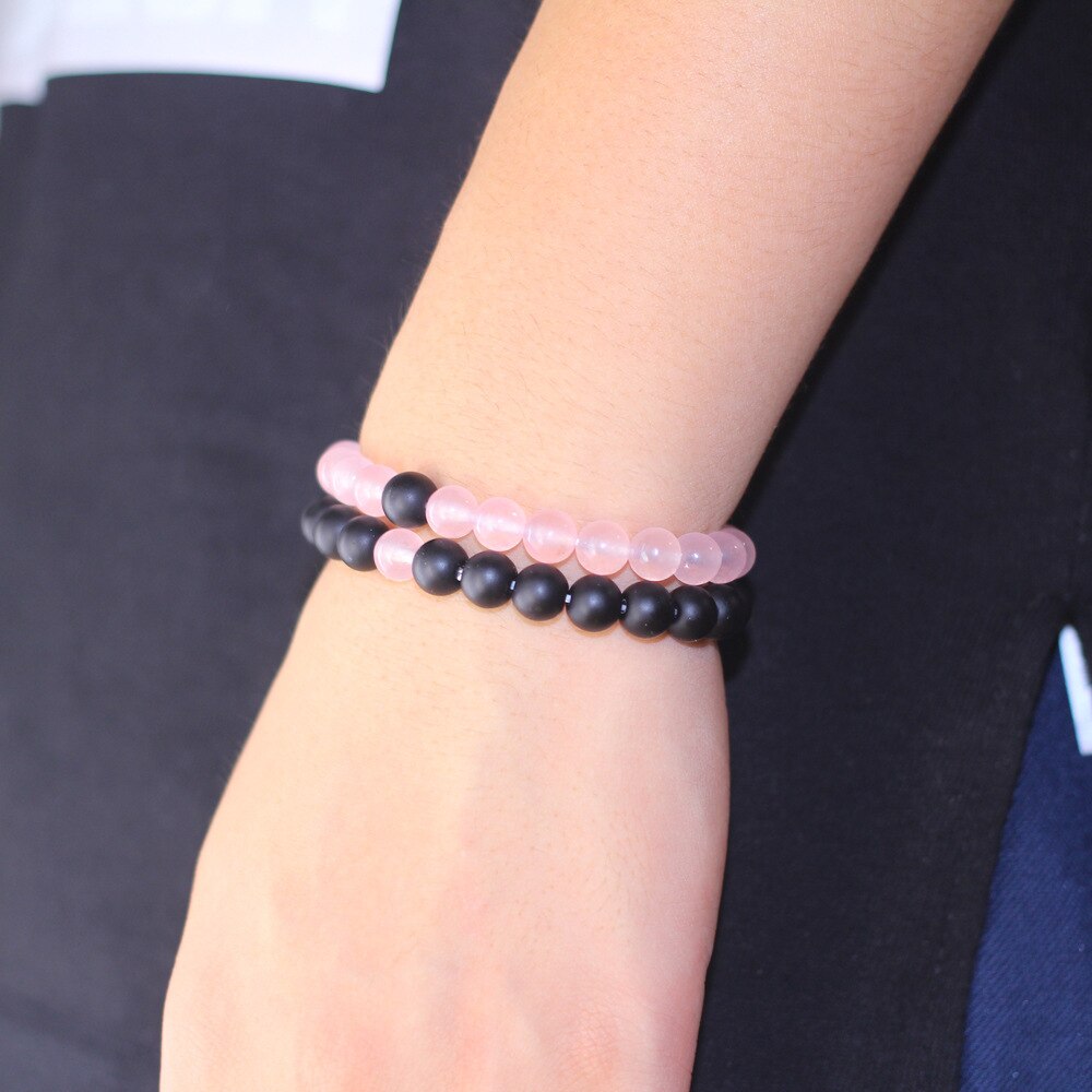 8MM Couples Distance Bracelet Classic Natural Stone Pink and Black Beaded Bracelet for Men Women Best Friend Christmas