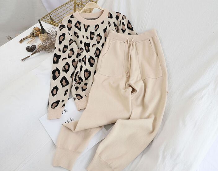 Amolapha dam stickad leopard pullover tröjor+byxor set kvinna jumpers byxor 2 st kostymer outfit: Aprikos