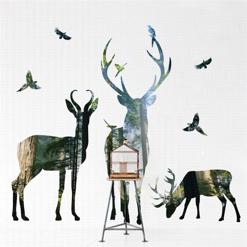Wald Hirsch Fliegen VöGel Dekorative Zauberstab Aufkleber Für Heimat Dekoration Wohnzimmer Schlafzimmer Dekor PVC Tiere DIY Wandbild Kunst Poster