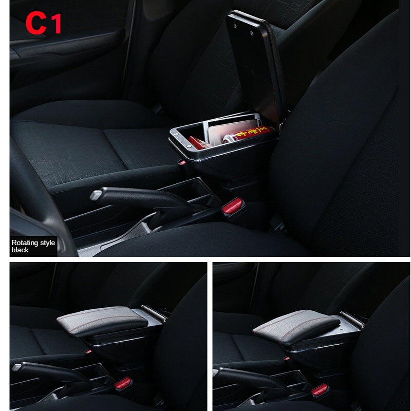 Universal Car Armrest central Universal model armrest box car accessories storage box modification Retrofit parts with USB LED: C1 rotating black