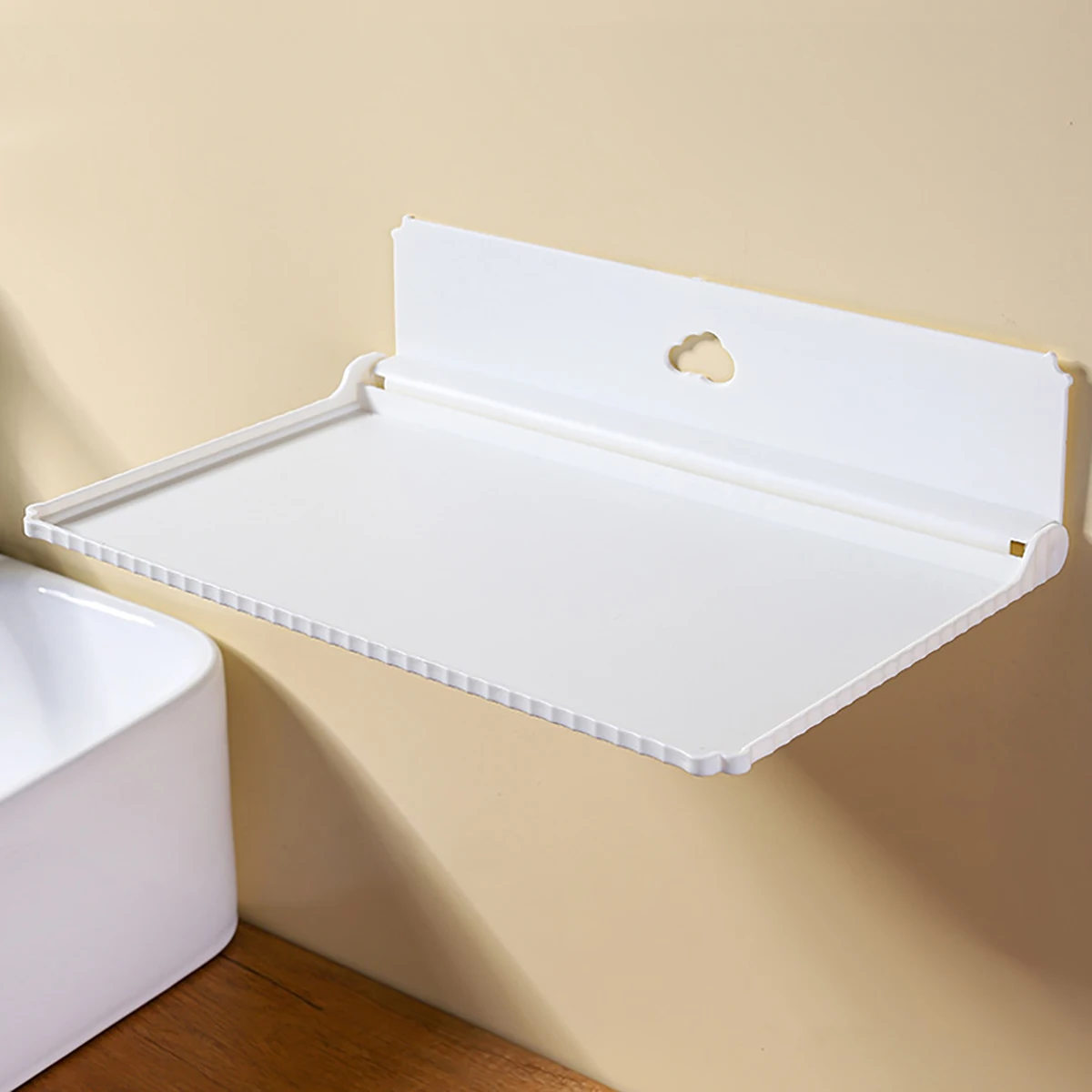 Hvit, sammenleggbar veggmontert hylle uten slagg, brukt til baderom, nattbord, sammenleggbar oppbevaringshylle til mobiltelefon, magisk verktøy: Gul