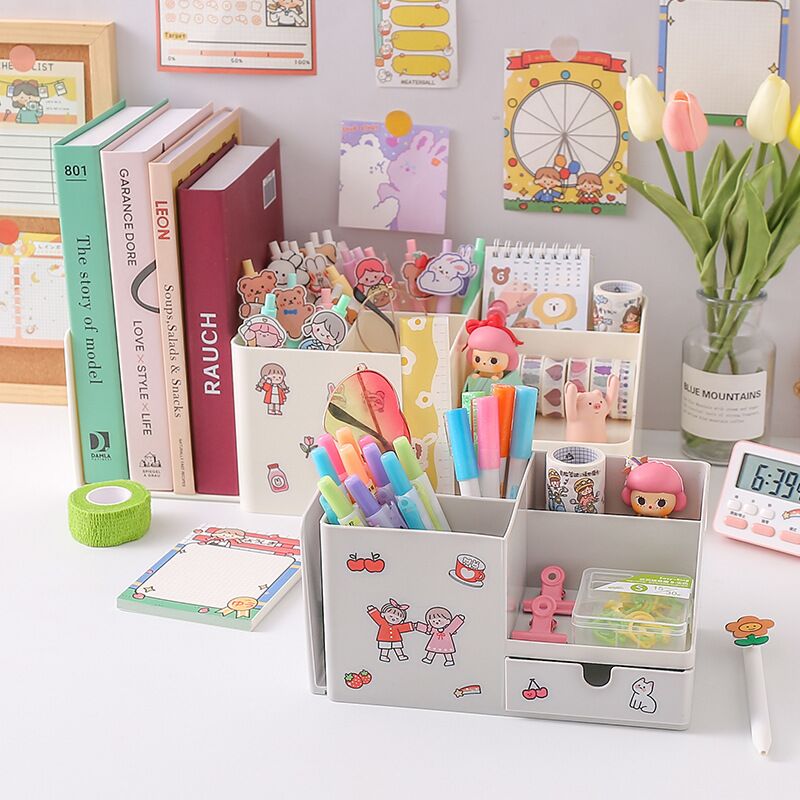 Soporte para cajones y bolígrafos de gran capacidad para estudiantes, caja de papelería creativa 2 en 1, organizador de escritorio multifuncional, soporte tipo libro