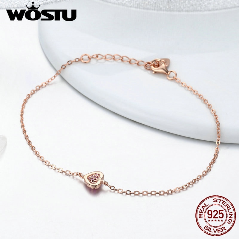 WOSTU 925 Argento Sterlina In Oro Rosa Romantico Del Cuore Della Catena del Braccialetto di Collegamento Per Le Donne Catenaccio Del Braccialetto del Regalo Dei Monili CQB050