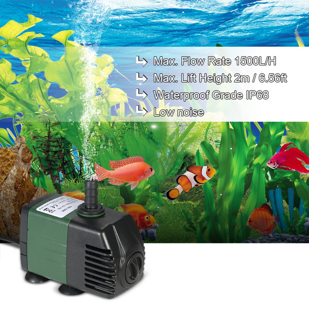 Pompe à eau Submersible pour Aquarium, 1500L/H 25W, fontaine de table, étang, jardin, systèmes hydroponiques, 2 buses AC220-240V