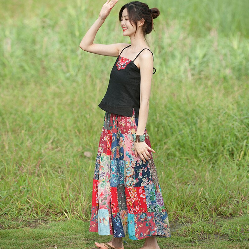 Vrouwen Losse Bohemian Stijl Rokken Dames Elastische Taille Patchwork Rok Vrouwelijke Katoen Rokken 2022 Zomer