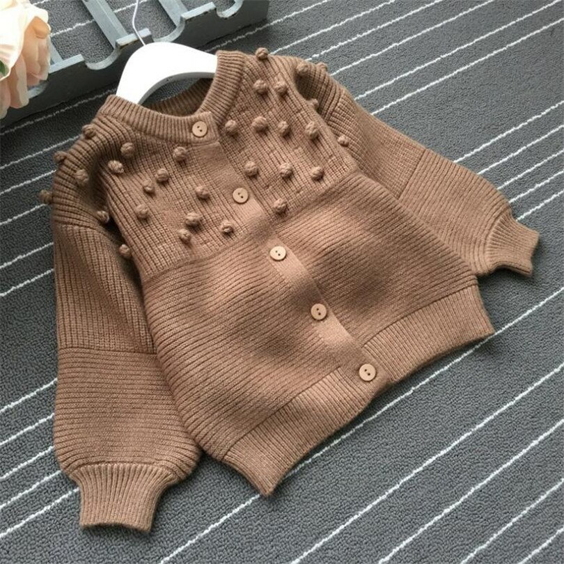 Gebreide Meisjes Vest Jas Wollen Katoen Meisjes Truien Winter Lente Pompom Kids Truien Voor Meisjes Trui Bovenkleding: Khaki / 140