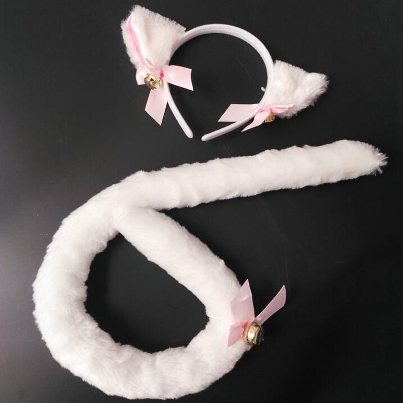 Anime mujeres oreja de zorro chica gato cinta del pelo de felpa cola ama de llaves de dama Conjunto de vestir accesorios carnaval partido del traje de Cosplay de Halloween: White Set