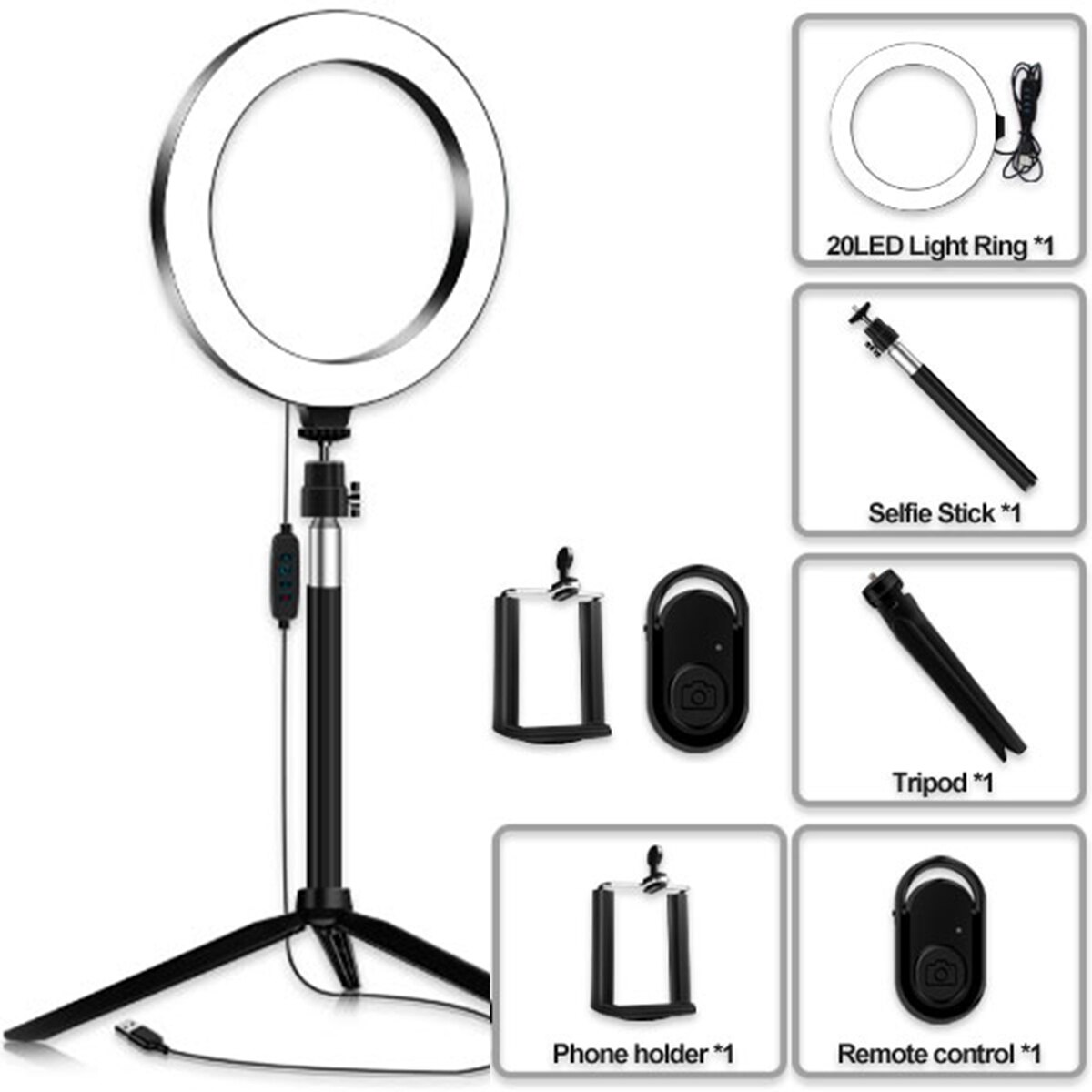 7.9 Inch LED Ring Light Dimmable Ring Light 3In1/5in1 USB LED Ring Lights 3200K With Tripod: Black