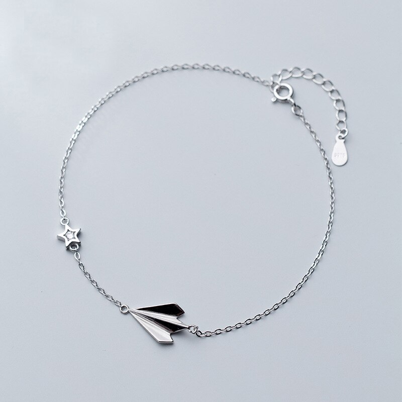 MloveAcc 100% 925 Solid Sterling Silver Airplane Star Jewelry Women Link Chain Anklet Bracelets for Women Jewelry: Default Title