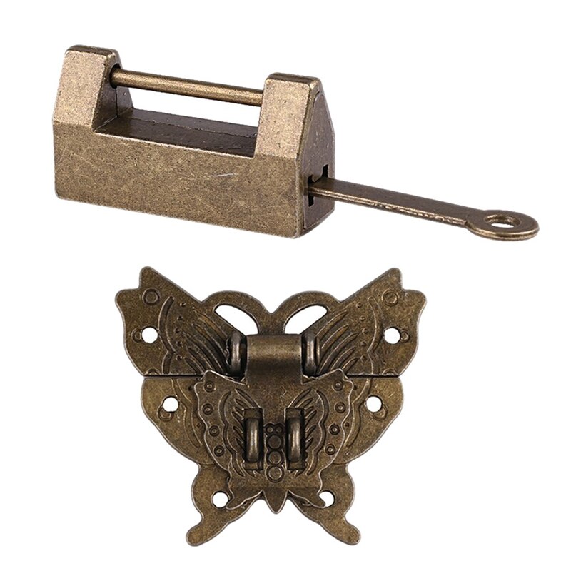 3 sett liten vintage lås med nøkkel og sommerfugllås hasp og skruer for smykkeskrin